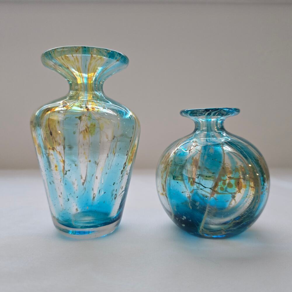 Mdina Two Mini Glass Vases Maltese Art Crystal Blue Stripe Crizzle 1970's MCM